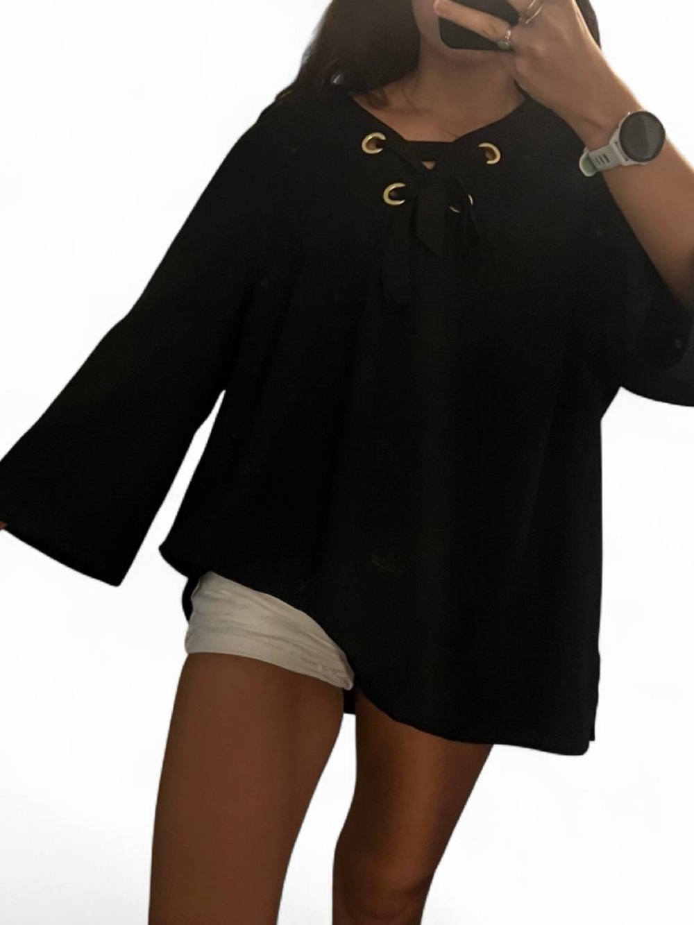 Chico's Black Lace-Up Grommet Bell Sleeve Tunic